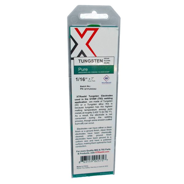 Xtrweld Pure Tungsten Electrode, 1/16, Green, 7 In L, 10PK WTPURE062